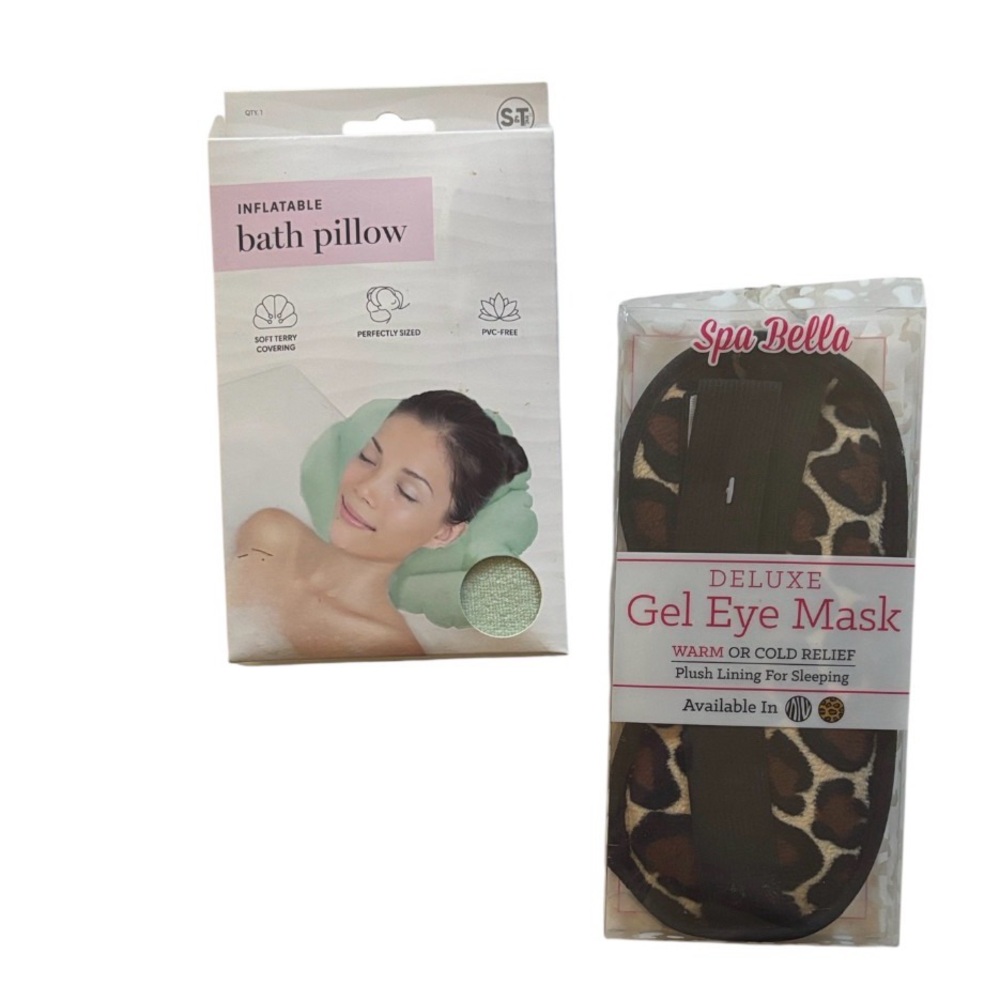 Inflatable Bath Pillow & Deluxe Gel Eye Mask | Green PVC Tub Rest Animal Print